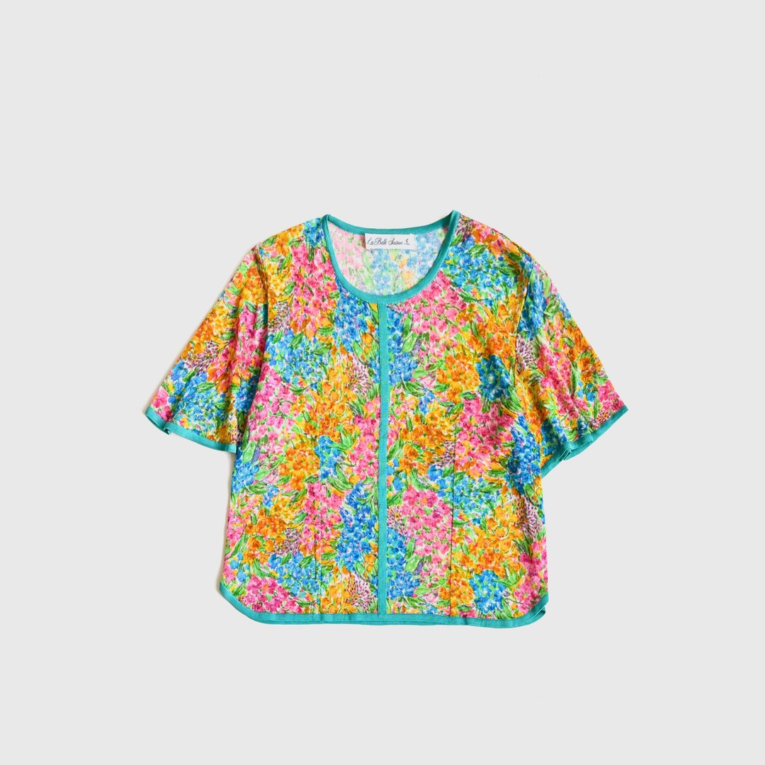 【蛋植物古着】绣球针织印花短袖古着上衣 - 女装 T 恤 - 其他人造纤维 