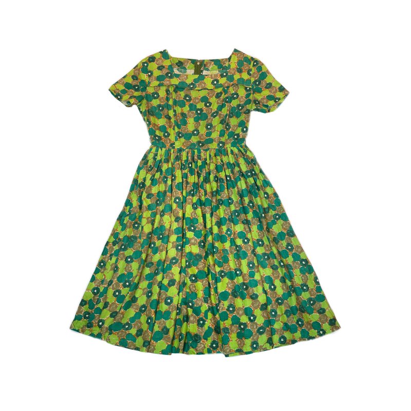 森林系水彩绿叶方领洋装 - 洋装/连衣裙 - 棉．麻 多色