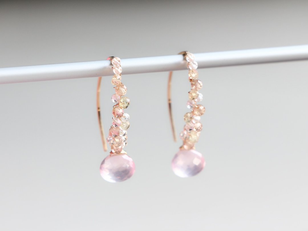 14kgf- rose quartz jewel marquise pierced earrings Impossible earrings - 耳环/耳夹 - 贵金属 粉红色