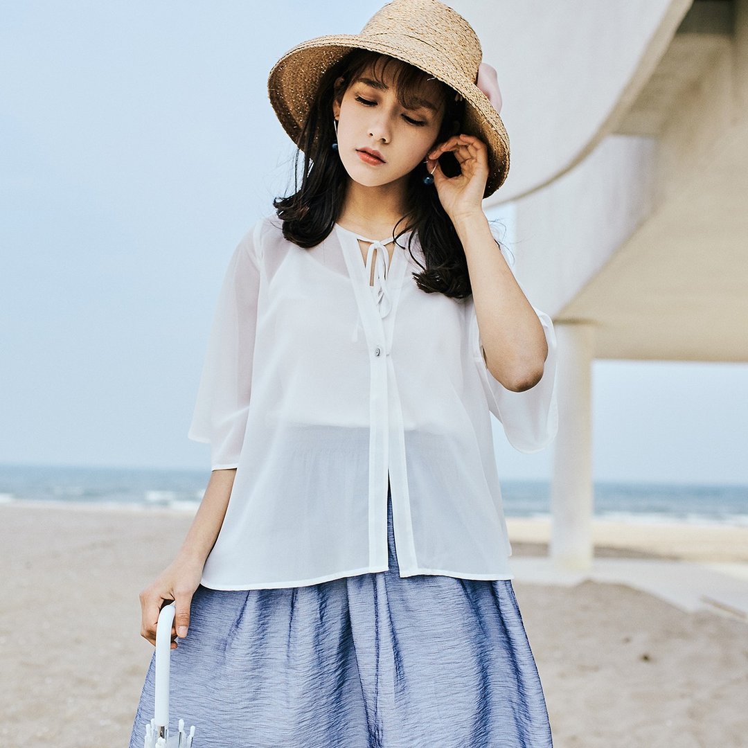 安妮陈2017夏装新款女士白色喇叭袖短款防晒衫上衣 - 女装上衣 - 聚酯纤维 白色