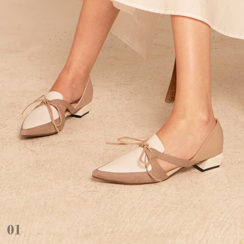 几何跟低跟鞋 - 高跟鞋 - 真皮 卡其色