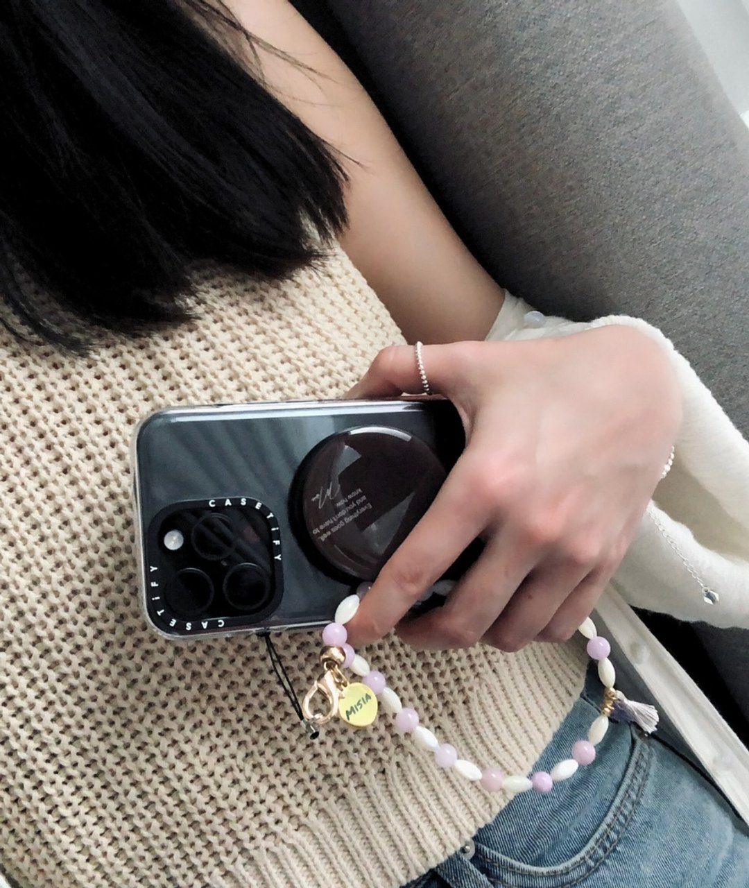 【MISIA】Phone Charm 天然水晶矿石手机吊饰-362紫玉珠 - 挂绳/吊绳 - 水晶 