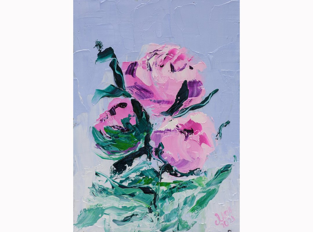 Pink Peony Oil Painting Floral Original Art Small Impasto Wall Art Peony Bouquet - 海报/装饰画/版画 - 其他材质 粉红色