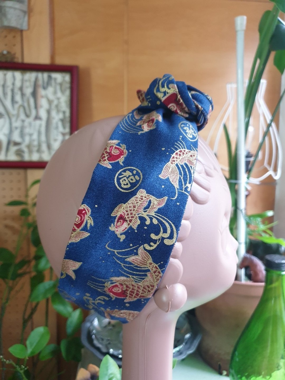 红鲤鱼烫金蓝布 软管发带 / 细版 - 发带/发箍 - 棉 蓝色