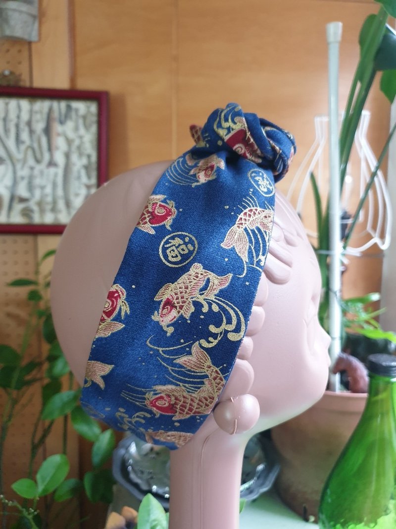 红鲤鱼烫金蓝布 软管发带 / 细版 - 发带/发箍 - 棉 蓝色