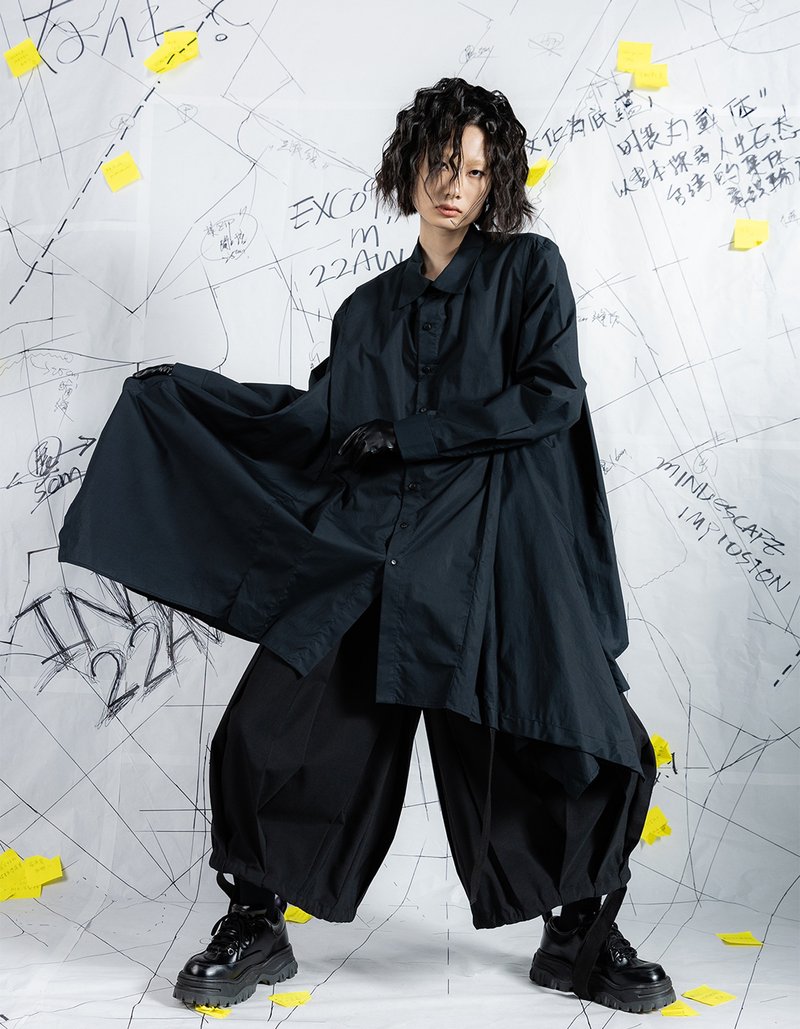 书页结构抽绳长版衬衫 - 男装衬衫 - 棉．麻 黑色