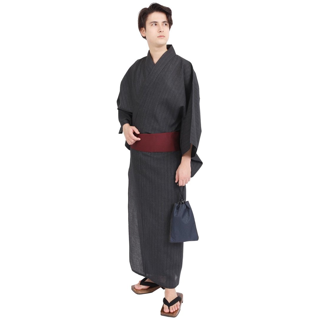 日本 和服 男 绵麻 浴衣 腰封 2 件 套组 S-LL WN17 - 其他 - 棉 灰色