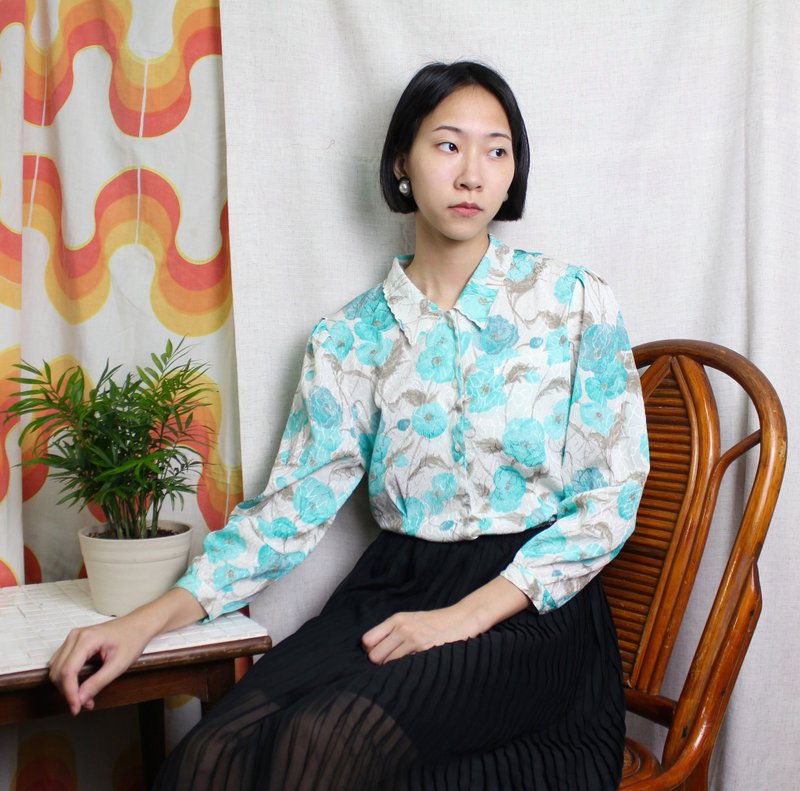 FOAK古着 水曜日青蓝色花绘衬衫 - 女装衬衫 - 其他材质 