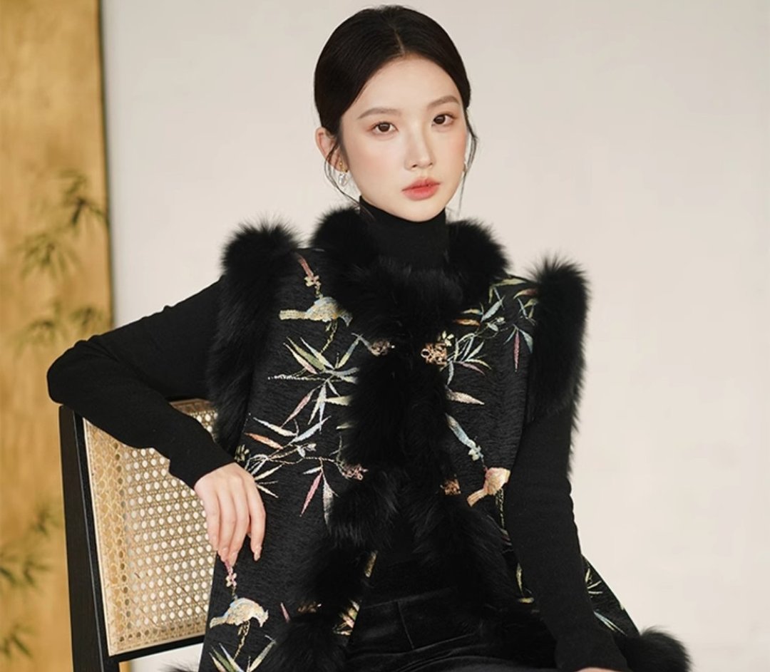 新中式復古中国风 狐狸毛圆领对襟提花背心 - 女装背心 - 聚酯纤维 黑色