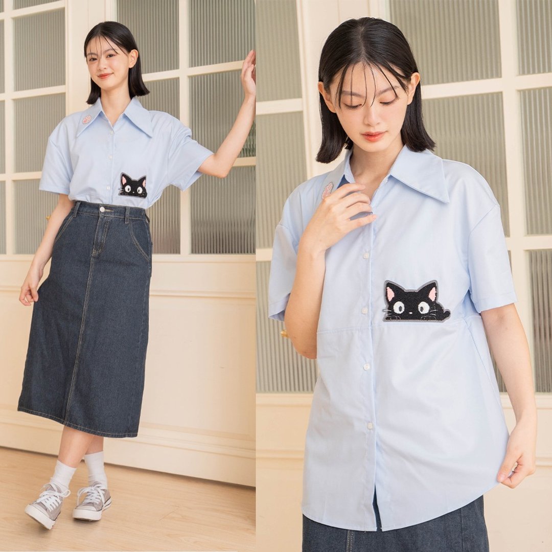小黑猫 毛巾绣 休闲 衬衫【9007501】 - 女装衬衫 - 棉 蓝色