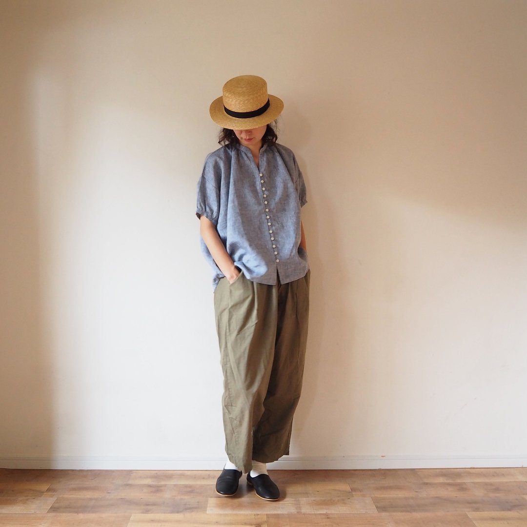 French Linen blouse short sleeve ladies NAVY - 女装衬衫 - 棉．麻 蓝色
