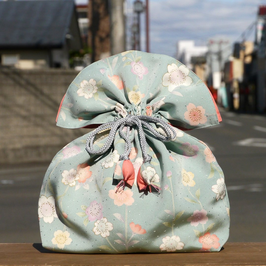 Kimono purse Sakurabun FUGURO large size that brings happiness - 化妆包/杂物包 - 棉 绿色