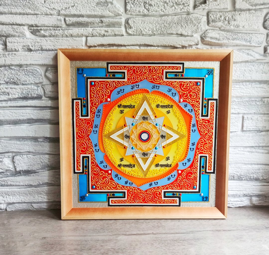 Yantra Ketu金Yantra曼陀罗绘制行星印度装饰Om符号 - 墙贴/壁贴 - 玻璃 橘色