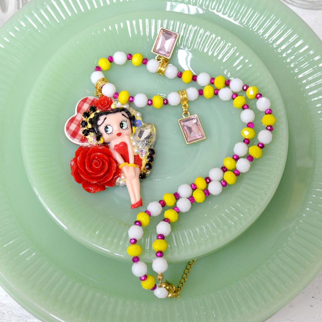 中古美国BETTY BOOP 改装饰物吊饰项链颈链 手工制 淑女贵妇风格 - 项链 - 其他材质 红色