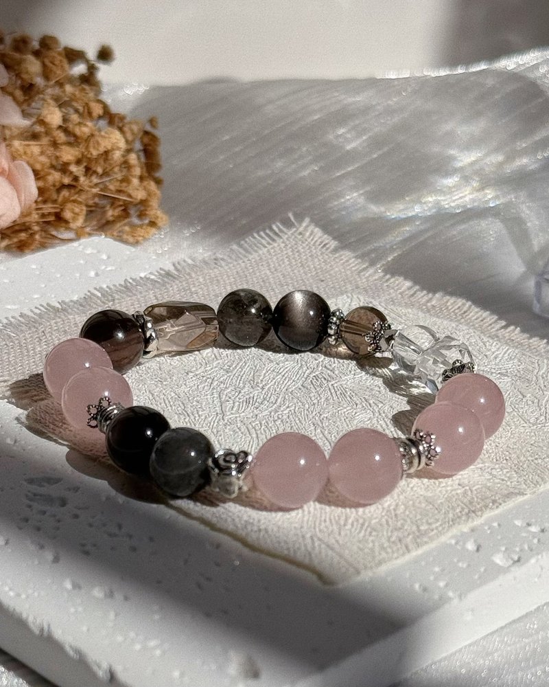 星夜玫瑰 | 粉晶+茶晶+银曜石+羽毛黑极光 | 稳定疗愈减少负能量 - 手链/手环 - 水晶 粉红色