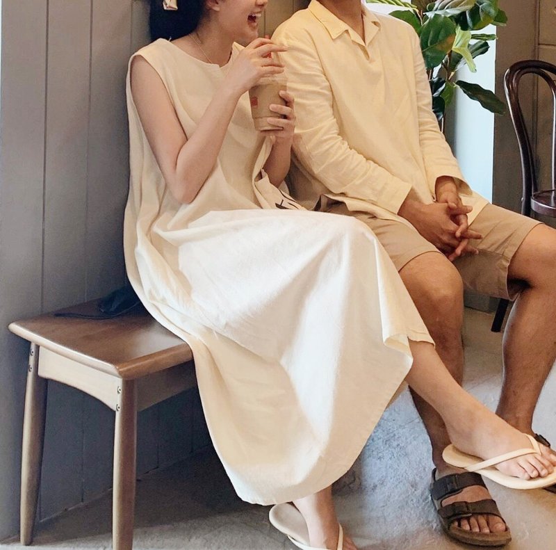 长连身裙，削肩，棉质，奶油色和白色。 - 洋装/连衣裙 - 棉．麻 