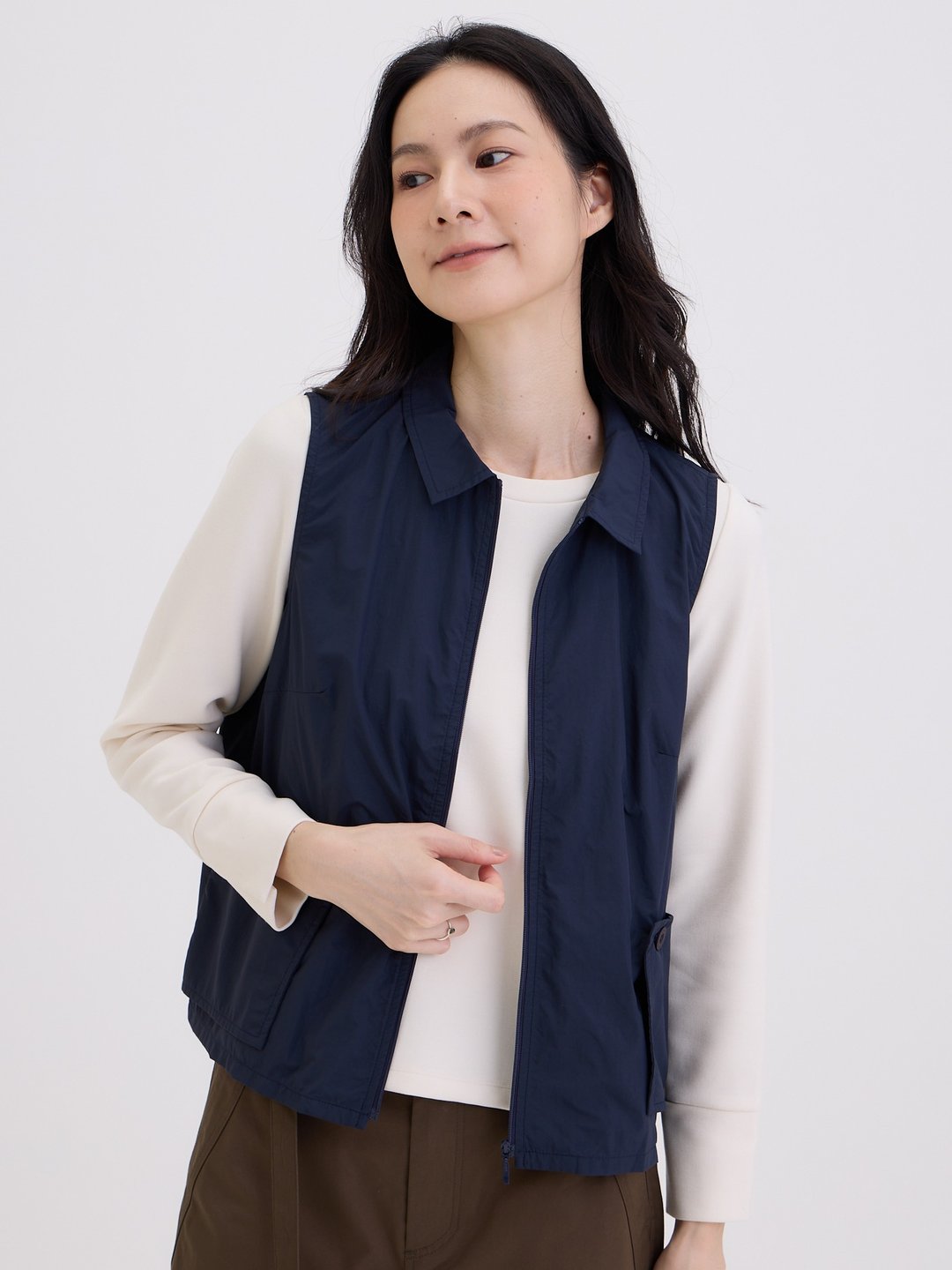 山野衬衫领开襟无袖背心-山岚 - 女装背心 - 棉 蓝色