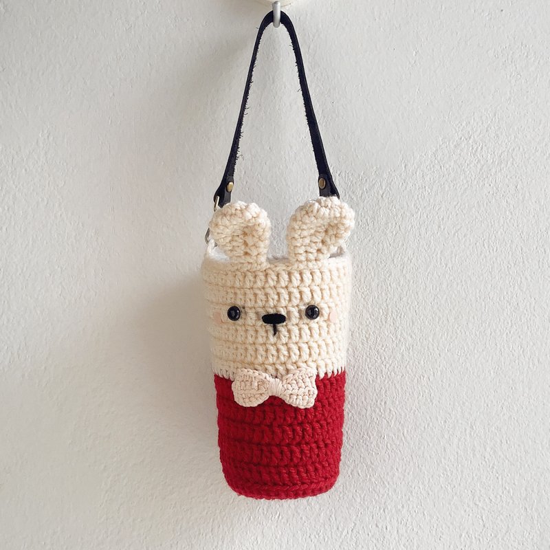 Drink Bag -16oz | Rabbit, Eco Beverage Holder, Crochet Cotton - 随行杯提袋/水壶袋 - 棉．麻 红色