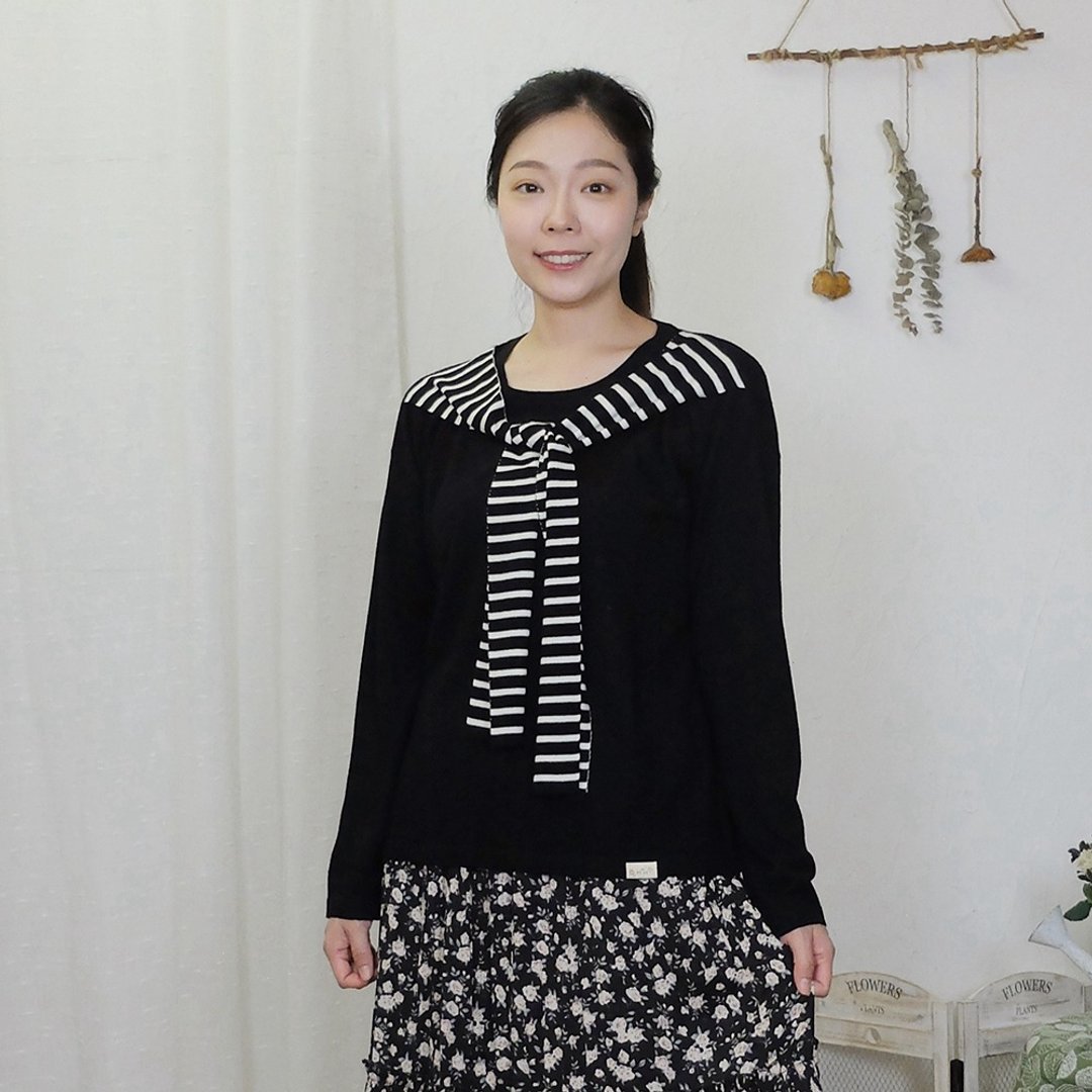 Hana Mokuba 层次条纹绑带领片针织上衣 - 女装上衣 - 其他材质 