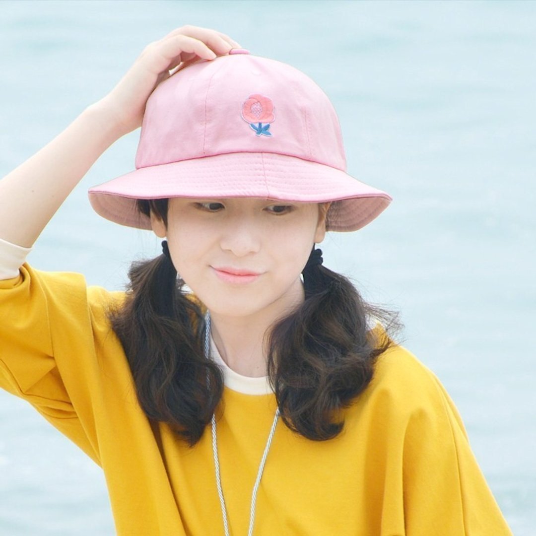 可爱少女渔夫帽 小粉花刺绣 纯棉 休闲出游 遮阳防晒帽 - 帽子 - 棉 粉红色