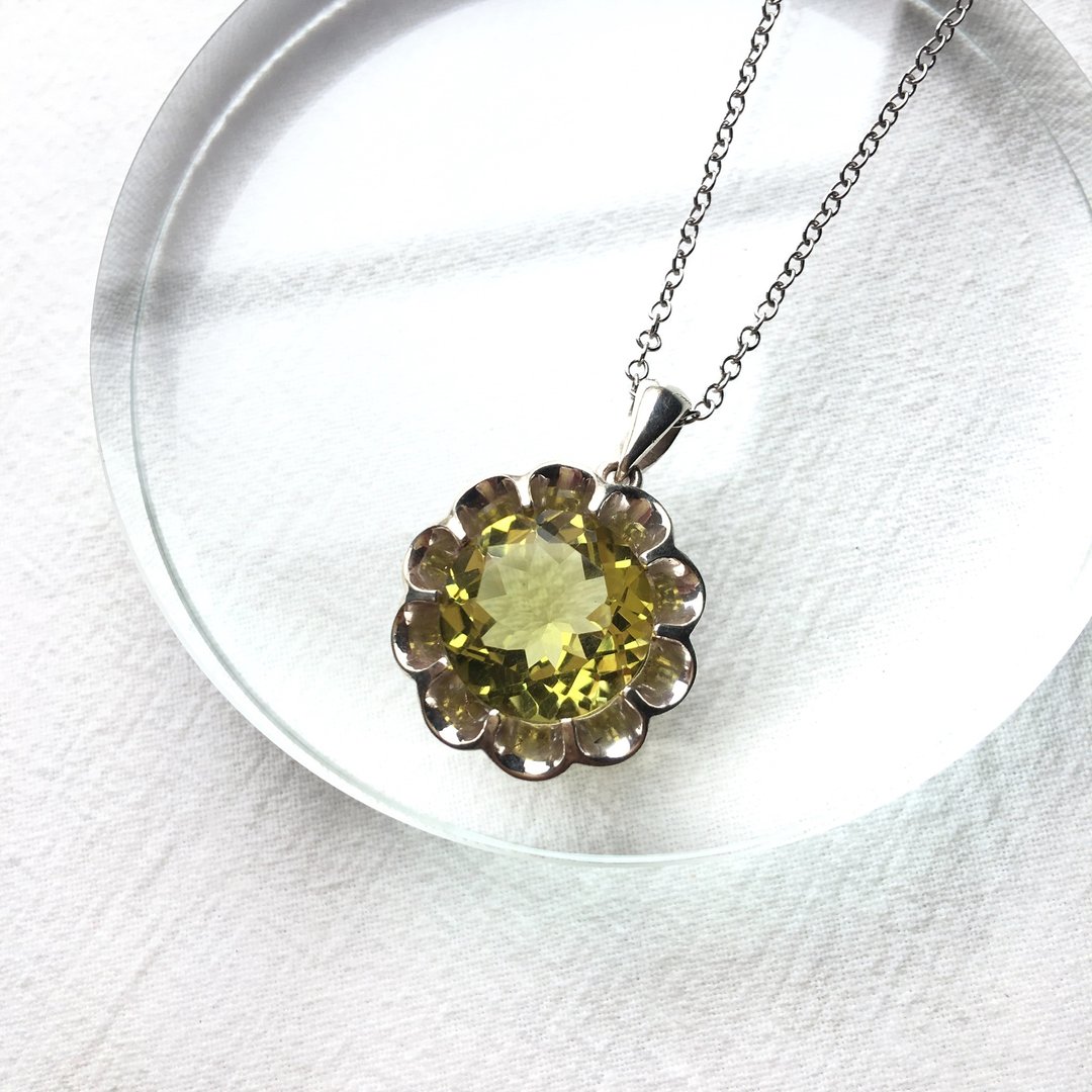 柠檬托帕石925纯银花朵项链 尼泊尔手工银饰 - 项链 - 宝石 银色