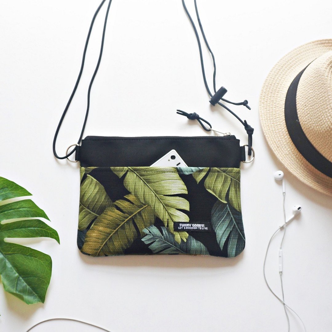 Hawaiian leaf linen sacoche bag black - 侧背包/斜挎包 - 棉．麻 黑色