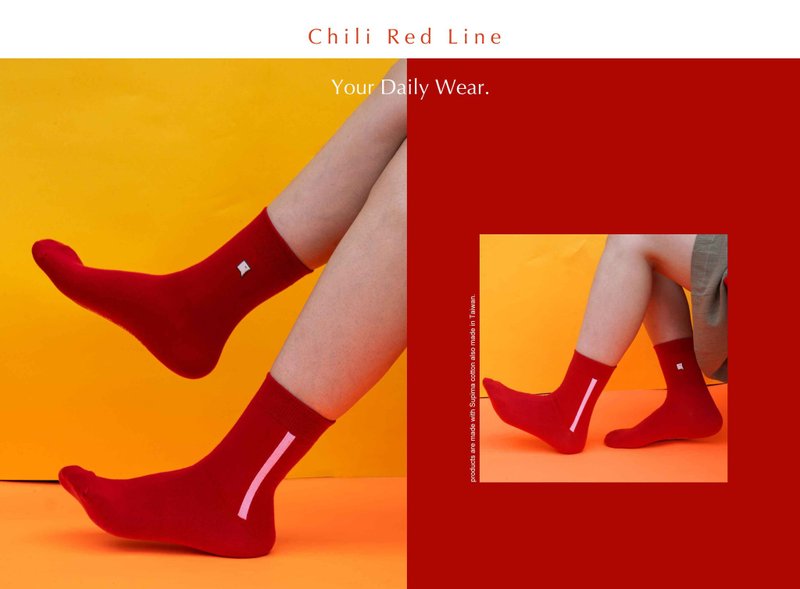 DAILYWEAR纯棉双色系列-侧面线条中筒袜(红白) - 袜子 - 棉．麻 红色