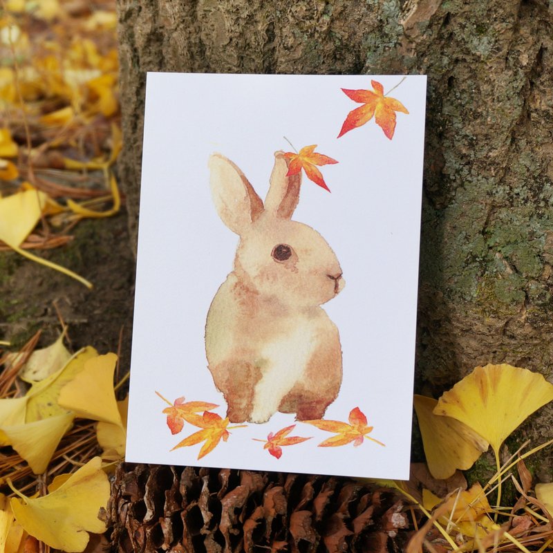 明信片 卡片 水彩画作 落叶 秋天 兔子 可爱 动物 贺卡 - 卡片/明信片 - 纸 橘色