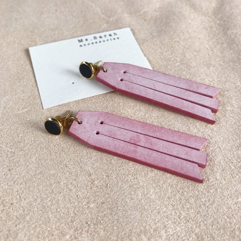 皮革耳环_圆框7号作品#6_流苏款_深蓝搭樱花粉(可改夹) - 耳环/耳夹 - 真皮 粉红色