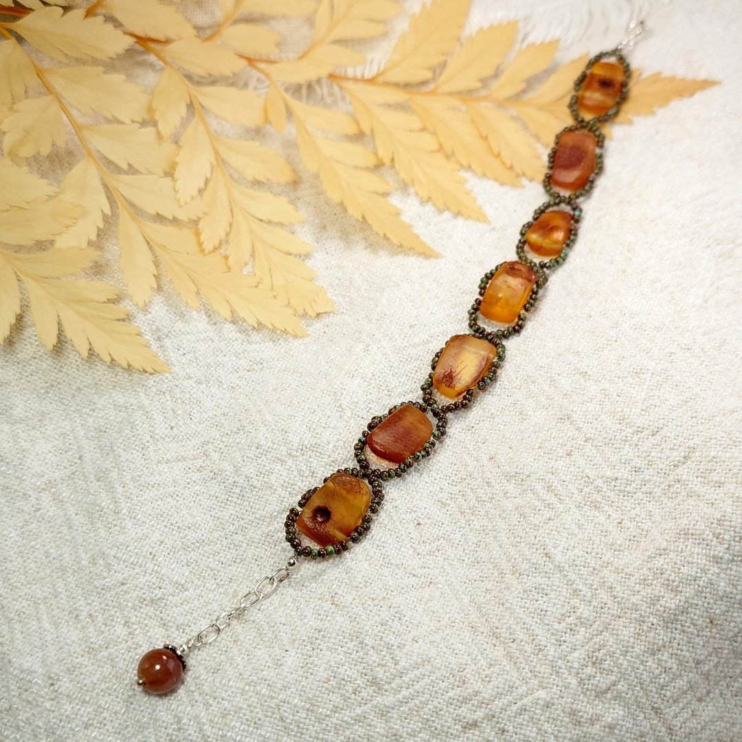 手链 天然随形 琥珀 原矿 仿绿松石色 琉璃珠 兔毛水晶 925 银饰 - 手链/手环 - 宝石 