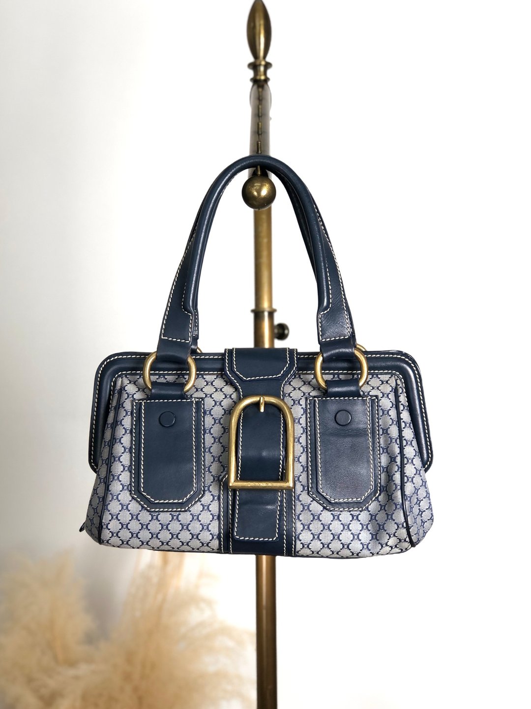 【 日本直送 名牌中古包 】CELINE 赛琳 锁扣 手提包 海军蓝 锁扣 帆布 皮革 vintage rk6nfn - 手提包/手提袋 - 棉．麻 蓝色