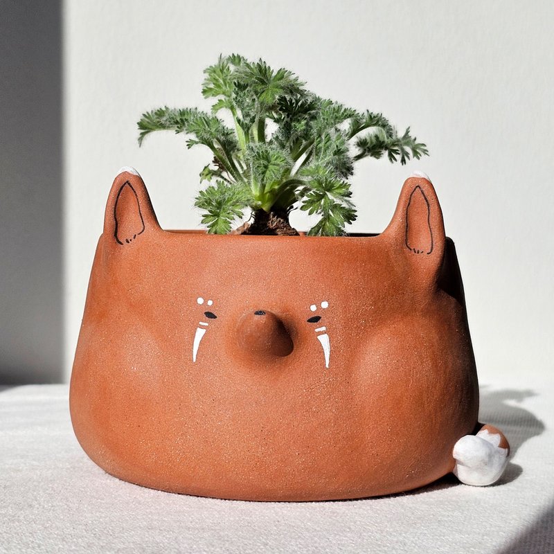Chubby cheeks Tribal Terra Fox Planter. Handmade plant pot. - 花瓶/陶器 - 陶 