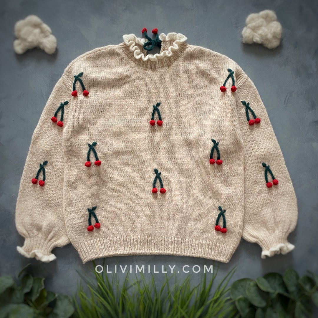 Cherries Adult pullover, hand knitted pullover with embrodery - 女装针织衫/毛衣 - 羊毛 金色