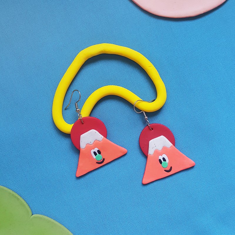 ㄎㄧㄤ系列 耳环 - fuji 粉橘 富士山 可爱 ( 可改 耳针 / 耳夹 ) - 耳环/耳夹 - 粘土 橘色