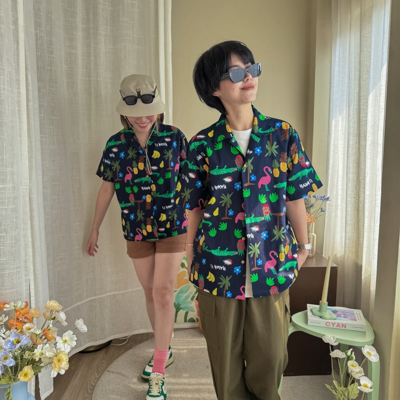 阿啰夏威夷风印花棉质衬衫 : 2 种尺寸 黑色的 - 女装衬衫 - 棉．麻 黑色