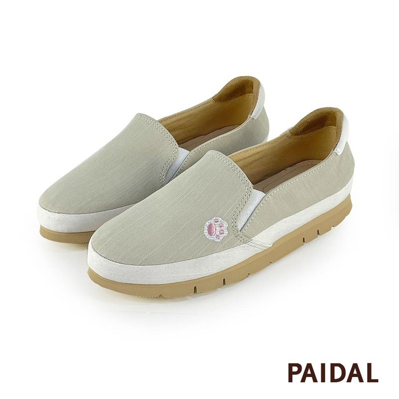 Paidal 喵掌拼接不弯腰微厚底休闲乐福鞋懒人鞋 - 米杏 - 女款休闲鞋 - 棉 卡其色