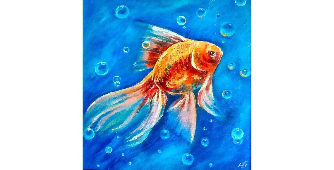 金鱼原创油画，水下墙壁艺术，带框艺术品 30x30 厘米 - 海报/装饰画/版画 - 其他材质 多色