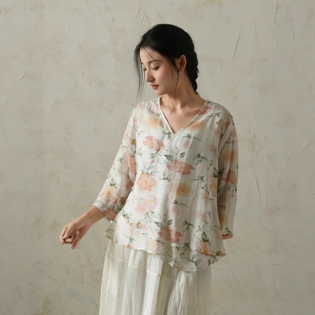 苎麻印花斜门襟衬衫 - 女装衬衫 - 棉 