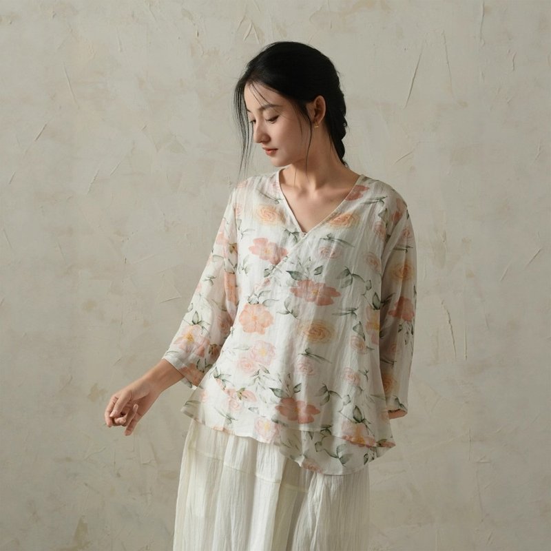 苎麻印花斜门襟衬衫 - 女装衬衫 - 棉．麻 