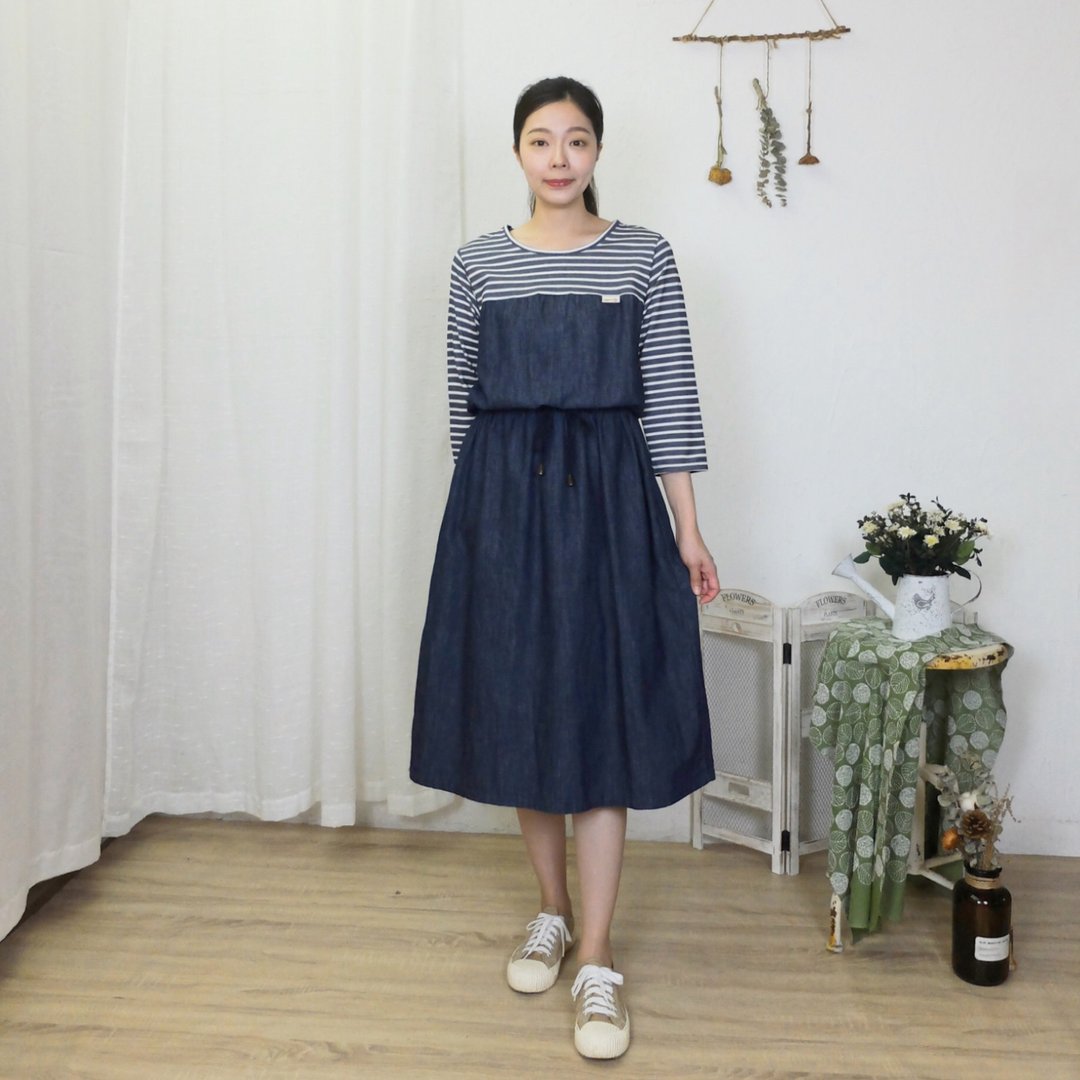Hana Mokuba 面料拼接绑带收腰七分袖休闲洋装 - 洋装/连衣裙 - 棉 