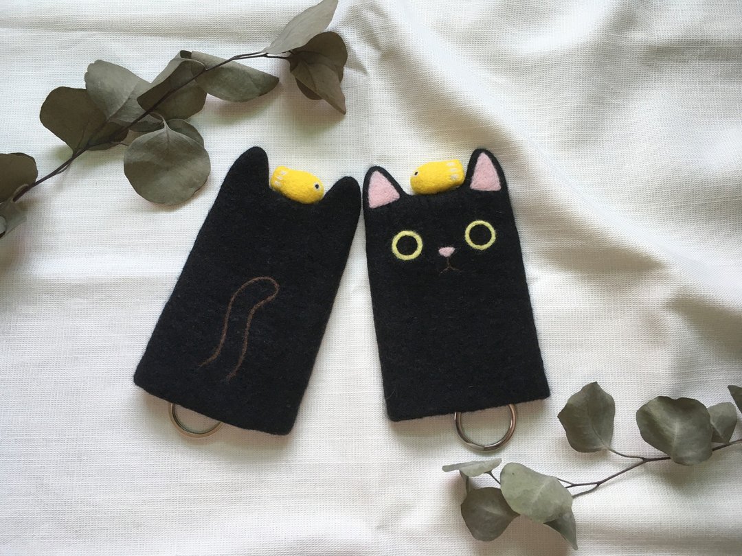 猫咪 羊毛毡  钥匙套 钥匙包 纯手工制作 - 钥匙链/钥匙包 - 羊毛 黑色