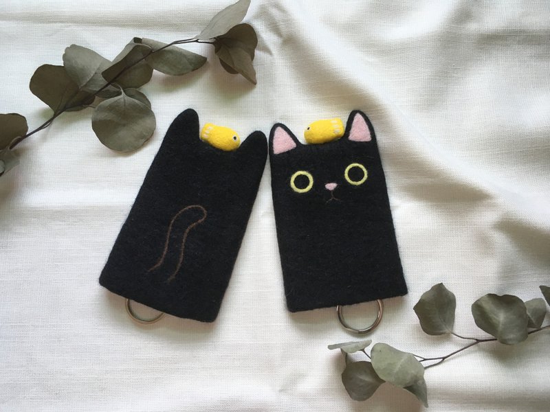 猫咪 羊毛毡  钥匙套 钥匙包 纯手工制作 - 钥匙链/钥匙包 - 羊毛 黑色