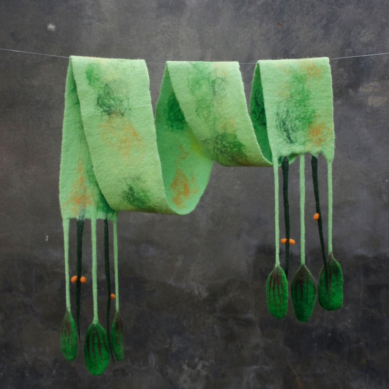 流苏叶子围巾 植物花蕾围脖 羊毛毡文艺森系披肩 原创设计师新款 - 围巾/披肩 - 羊毛 绿色