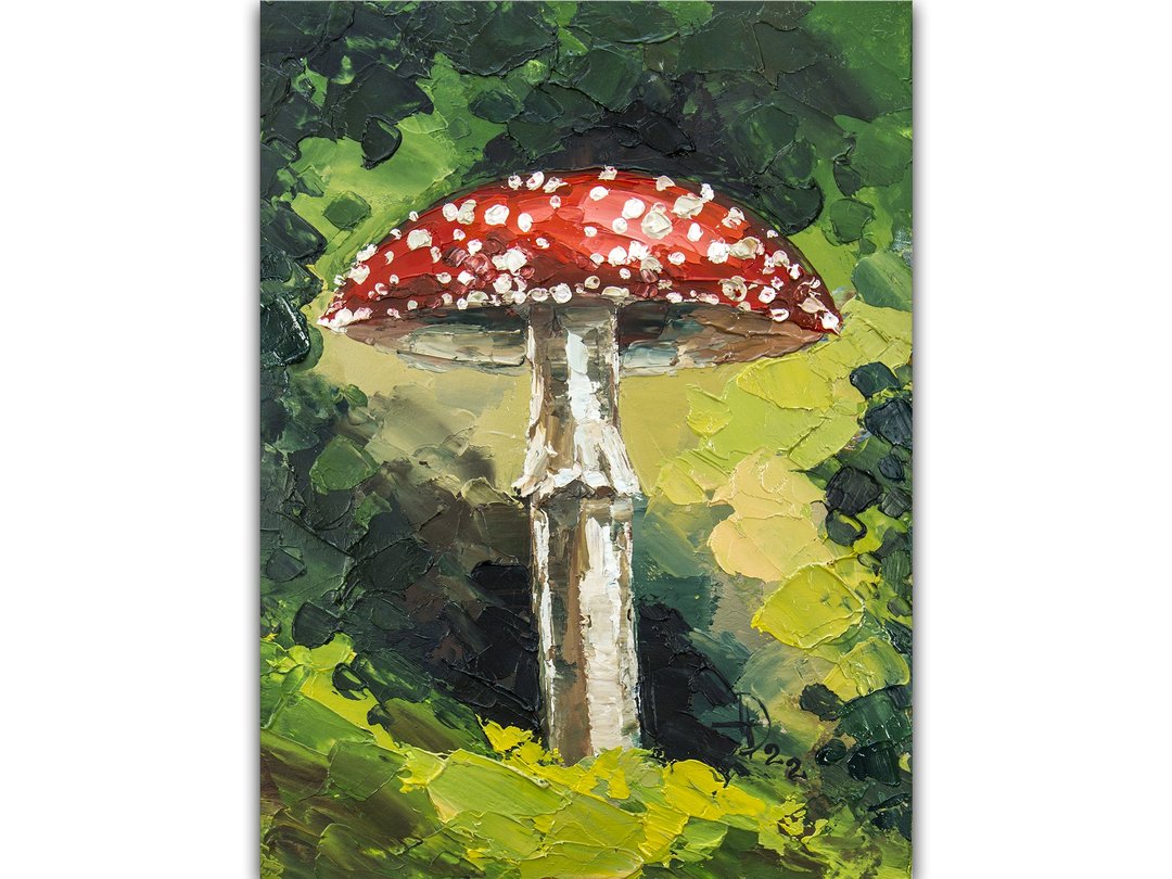 Fly Agaric Painting Mushroom Original Art Forest Artwork Small Oil Painting - 海报/装饰画/版画 - 其他材质 红色