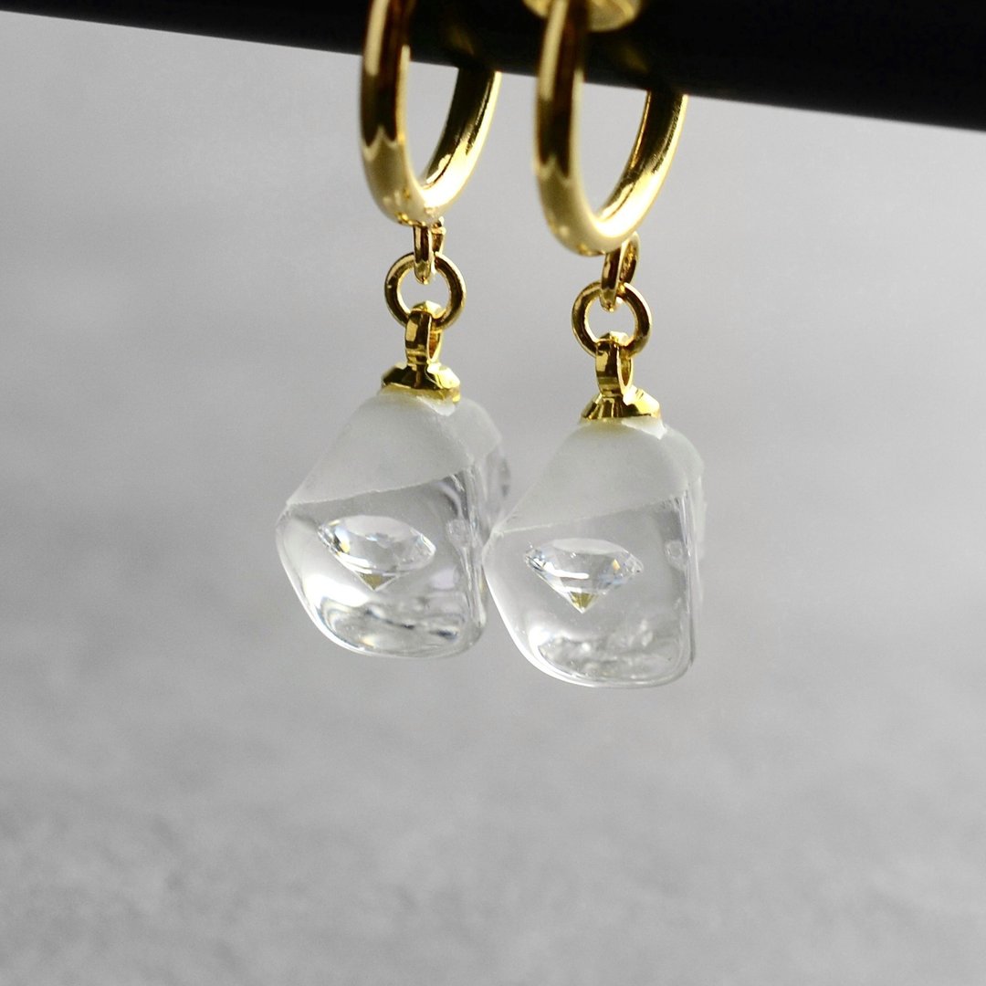 Cubic Zirconia, Drop Clip-On, Simple, Resin, Birthday Gift, Made in Japan - 耳环/耳夹 - 树脂 透明
