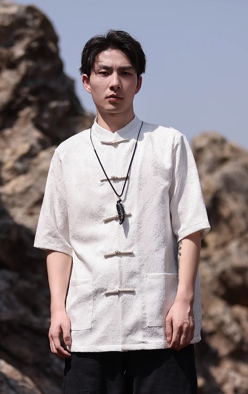 新中式复古 撞色盘扣短袖衬衫 - 男装衬衫 - 其他材质 白色