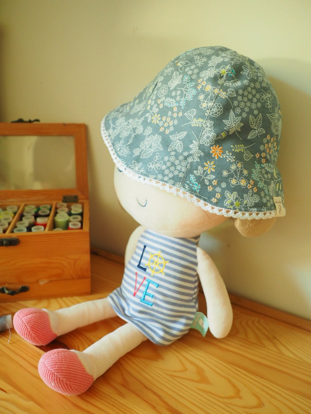 手作双面粉蓝碎花防风防晒帽子 适合婴儿小孩成人 - 帽子 - 棉 蓝色