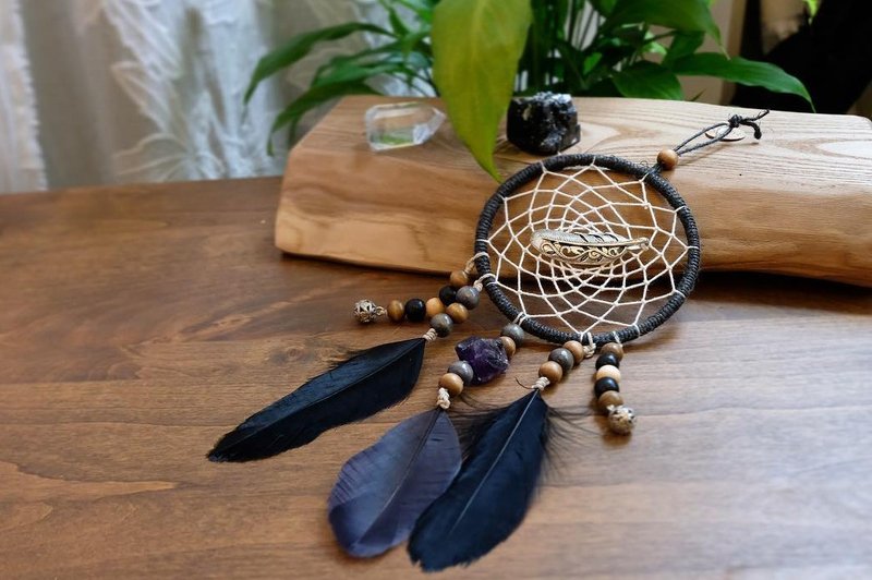 手作捕梦网挂饰 - 紫水晶吊饰 - 摆饰 - 棉．麻 黑色