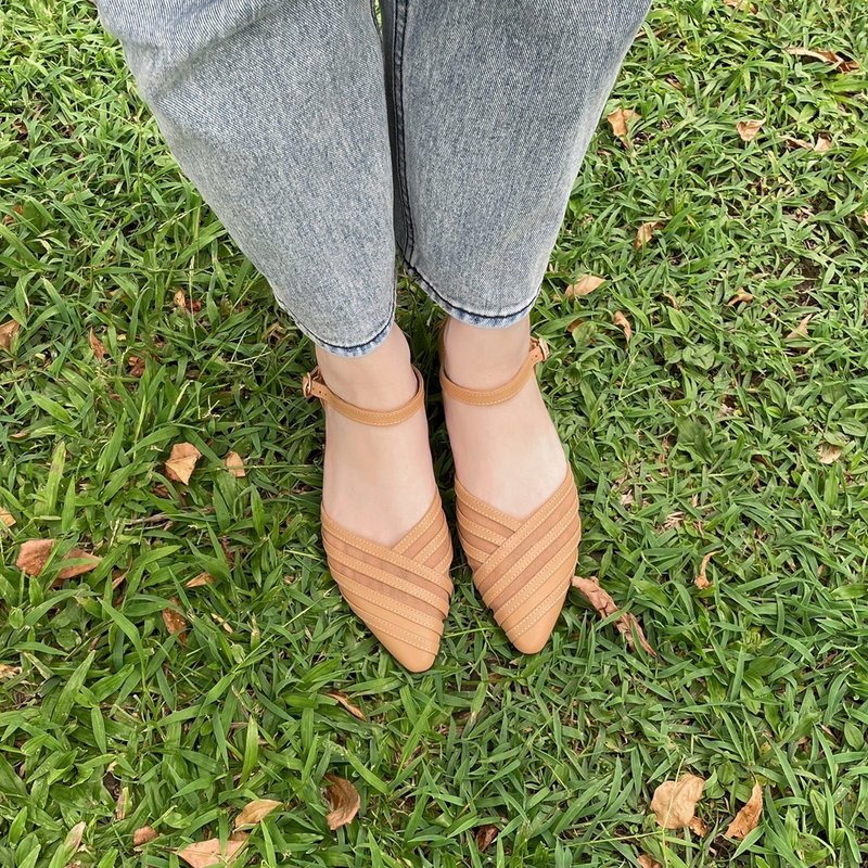 小尖头大空间・透明裸肌系带鞋 裸肤【Major Pleasure】-茉莉黄 - 芭蕾鞋/娃娃鞋 - 真皮 卡其色