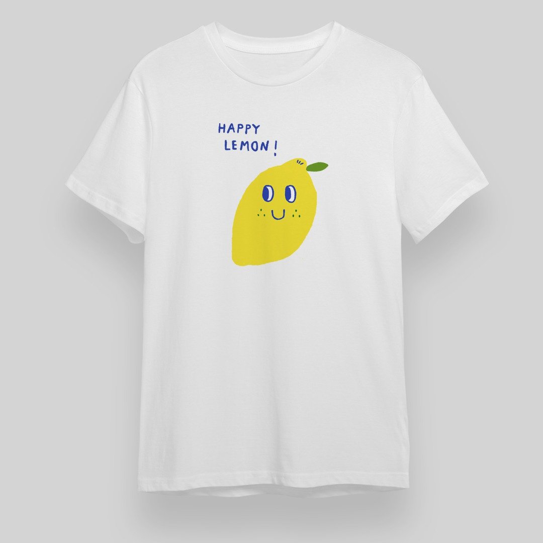 happy lemon illustration printing short-sleeved unisex cotton t-shirt - 女装 T 恤 - 棉 白色